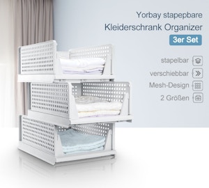 Yorbay stapelbare Schubladenbox, Kleiderschrank Organizer 3er Set, Schrankkorb für Kleidung Küchen Schlafzimmer, Weiß Yorbay stapelbare Schubladenbox, Kleiderschrank Organizer 3er Set, Schrankkorb für Kleidung Küchen Schlafzimmer, Weiß