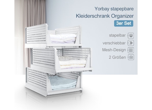 Yorbay stapelbare Schubladenbox, Kleiderschrank Organizer 3er Set, Schrankkorb für Kleidung Küchen Schlafzimmer, Weiß