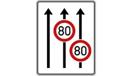 Fahrstreifentafel ohne Gegenverkehr, 3 Streifen in Fahrtrichtung, 2 Streifen mit zulässiger Höchstgeschwindigkeit... Fahrstreifentafel ohne Gegenverkehr, 3 Streifen in Fahrtrichtung, 2 Streifen mit zulässiger Höchstgeschwindigkeit...