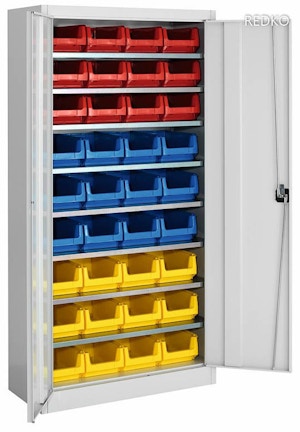 Flügeltürenschrank, BxTxH 950x420x1950 m m, RAL 7035 lichtgrau, Fachlast 80 kg, m u, Fachlast 80 kg, mit Kästen: 12xGr. Flügeltürenschrank, BxTxH 950x420x1950 m m, RAL 7035 lichtgrau, Fachlast 80 kg, m u, Fachlast 80 kg, mit Kästen: 12xGr.