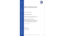 Zulassungszertifikat des TÜV SÜD für Heinrich Schrenker, berufener Zertifizierungsauditor DIN EN ISO 9001 + OHSAS 18001 Zulassungszertifikat des TÜV SÜD für Heinrich Schrenker, berufener Zertifizierungsauditor DIN EN ISO 9001 + OHSAS 18001