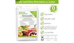 Stevia Kristalline Streusüße mit Erythrit und Steviolglycosiden aus der Stevia-Pflanze Stevia Kristalline Streusüße mit Erythrit und Steviolglycosiden aus der Stevia-Pflanze
