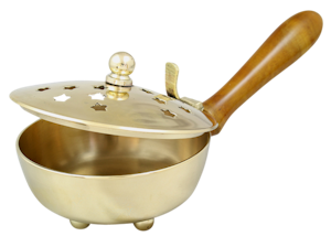 Rauchgefäß/Räucherpfanne mit Holzgriff und Deckel aus Messing Rauchgefäß/Räucherpfanne mit Holzgriff und Deckel aus Messing